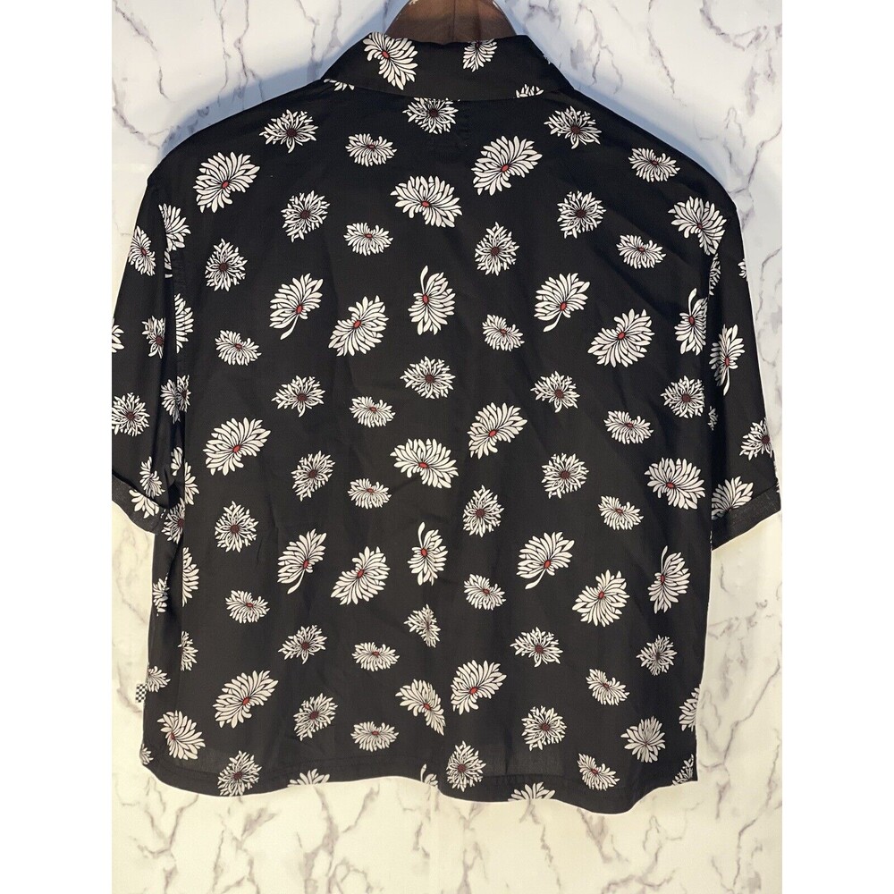 Vans Crop Top Womens Medium Black Orange Floral Button Up Short Sleeve Casual M
